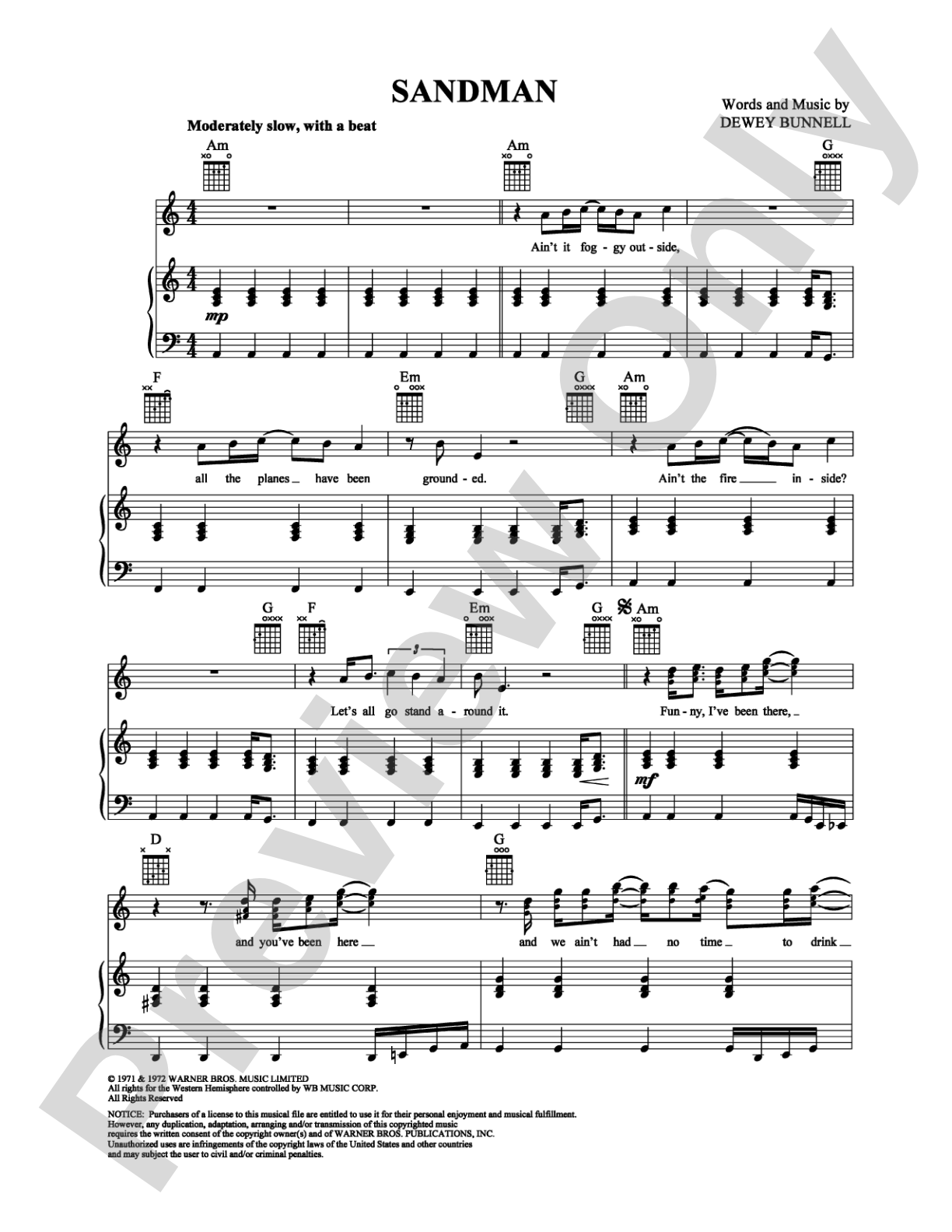 Sandman: Piano/Vocal/Chords Digital Sheet Music