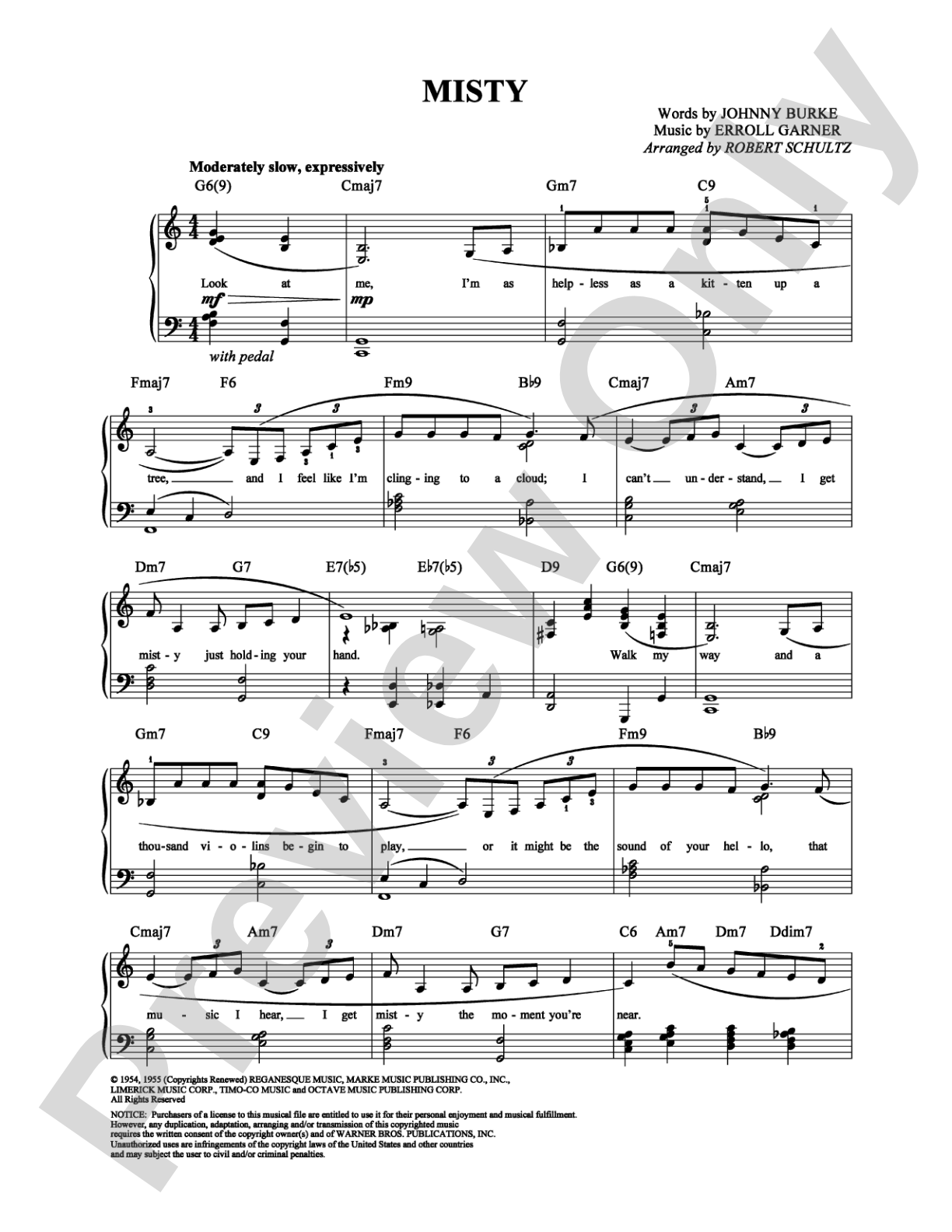Misty: Piano/Vocal/Chords Digital Sheet Music