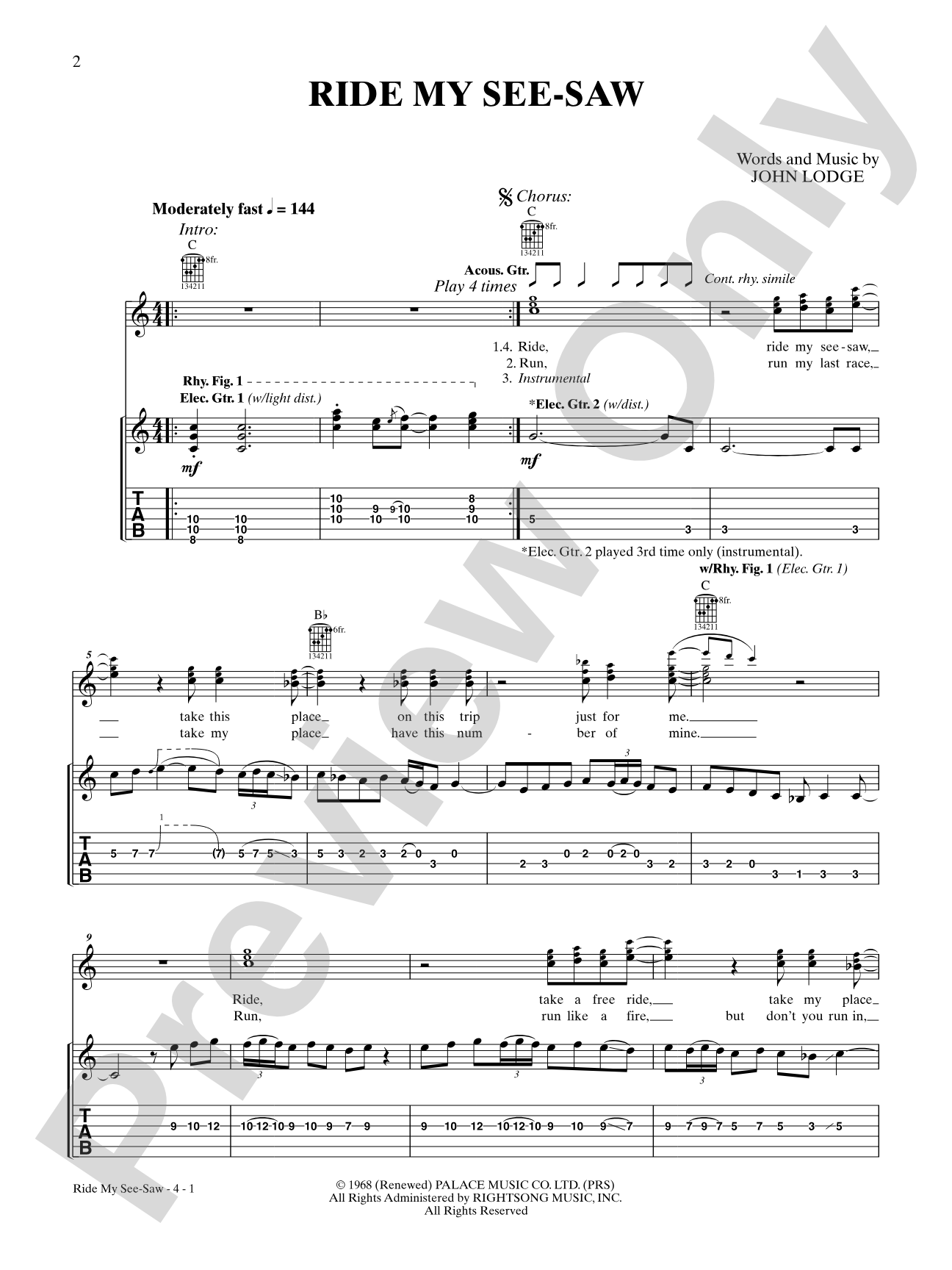 Ride My See-Saw: Authentic Guitar TAB Digital Sheet Music