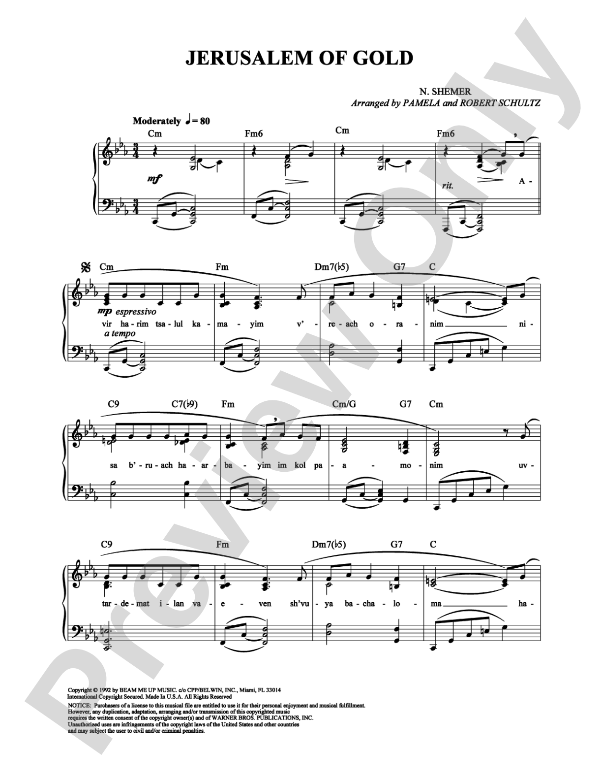 Jerusalem of Gold: Piano/Vocal/Chords Digital Sheet Music