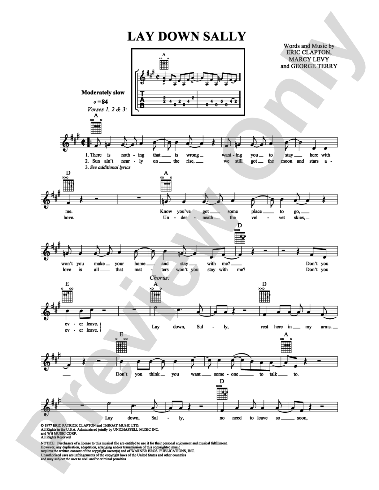 Lay Down Sally: Easy Guitar Digital Sheet Music