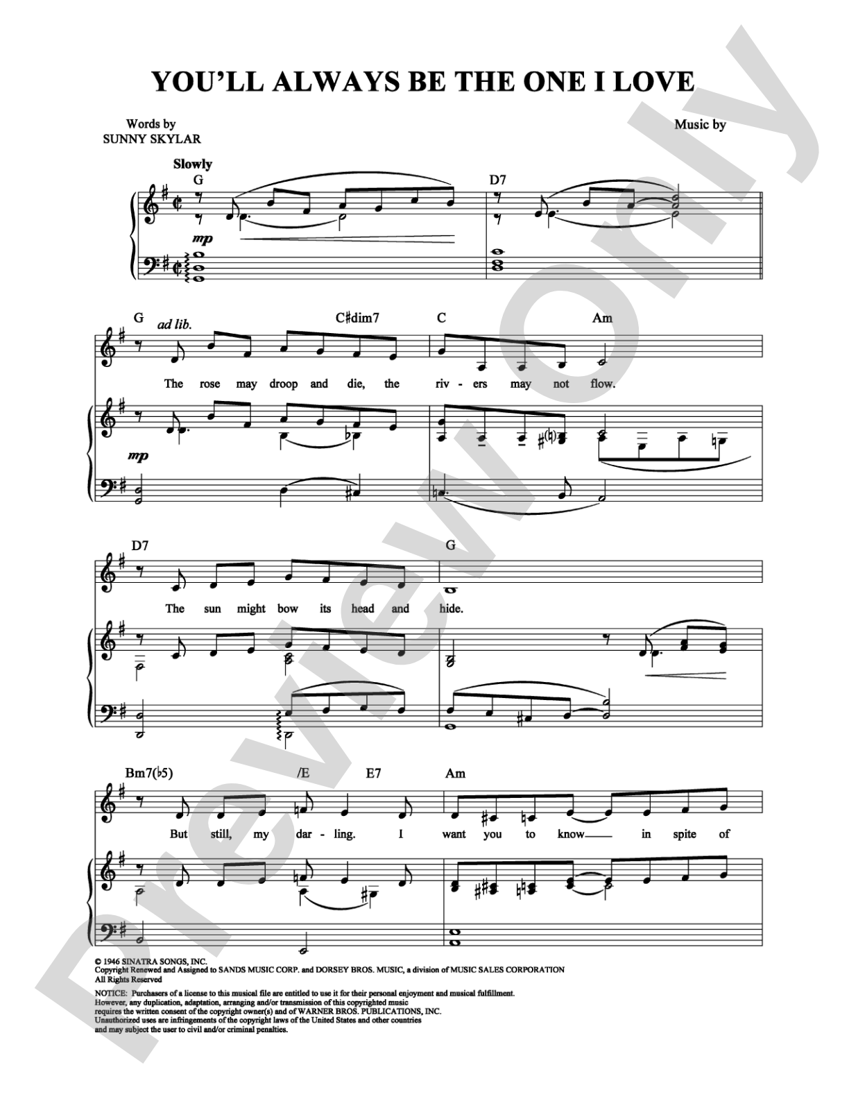 You'll Always Be the One I Love: Piano/Vocal/Chords Digital Sheet Music