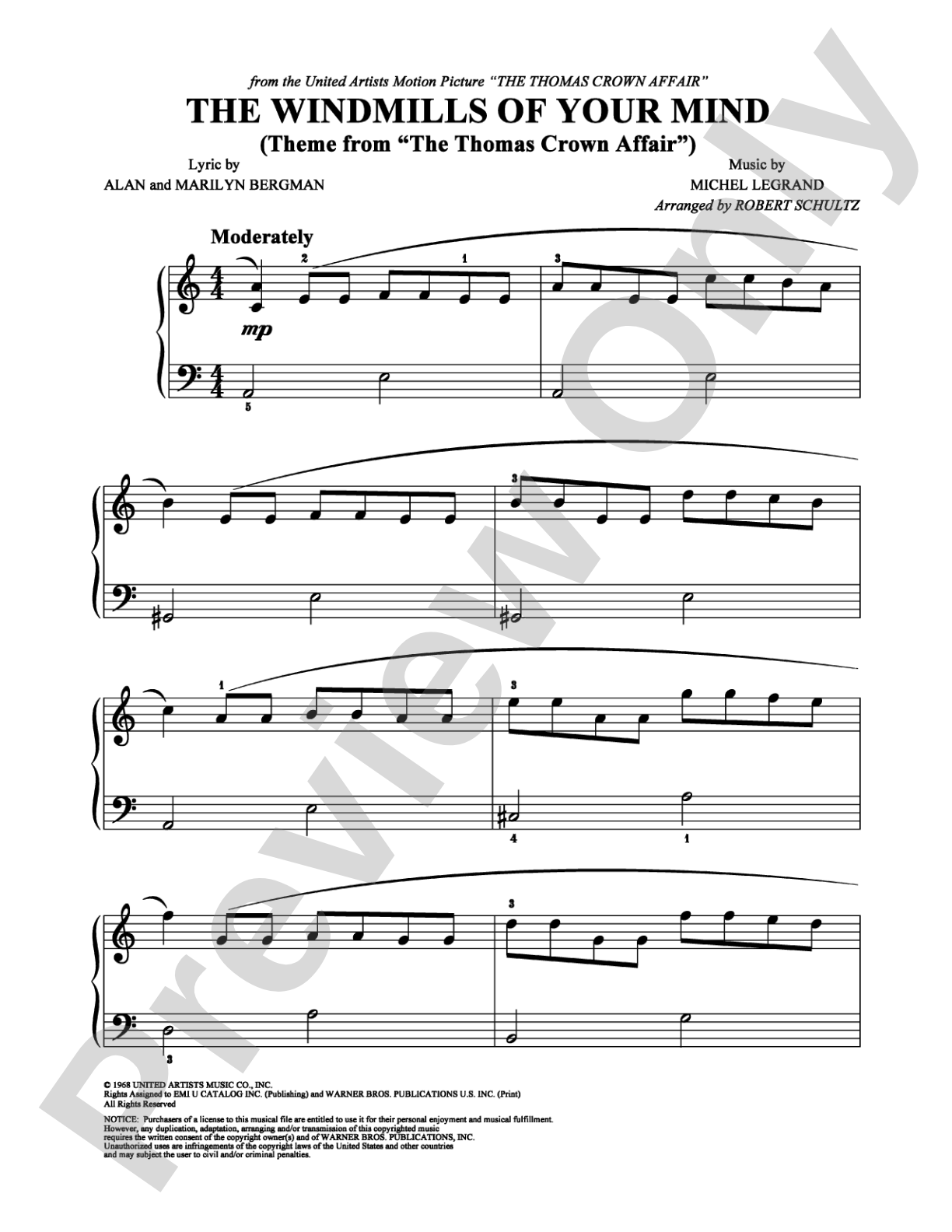 The Windmills of Your Mind (Theme from The Thomas Crown Affair): Easy Piano Digital Sheet Music