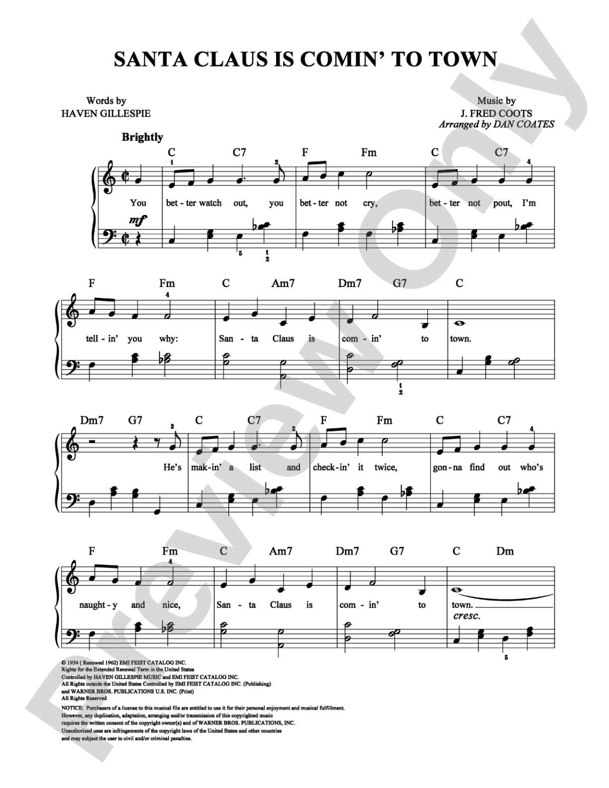 Santa Claus Is Comin' to Town: Easy Piano Digital Sheet Music