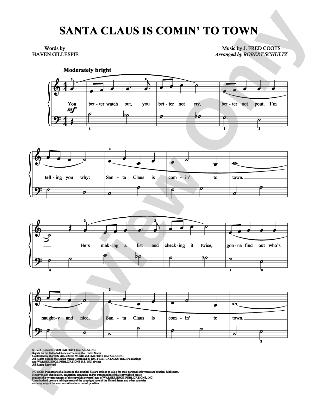 Santa Claus Is Comin' to Town: Easy Piano Digital Sheet Music
