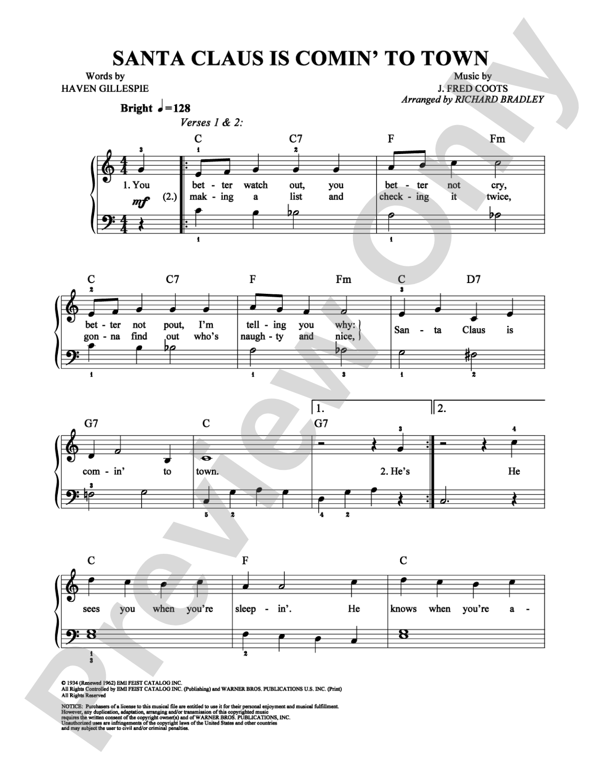 Santa Claus Is Comin' to Town: Easy Piano Digital Sheet Music
