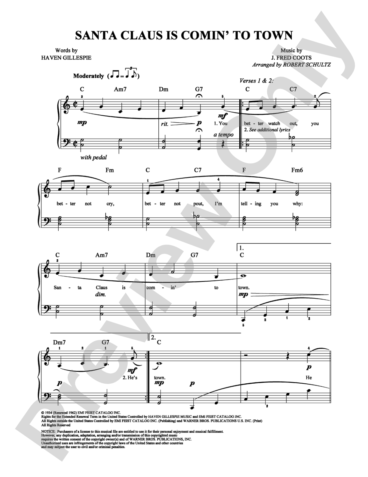 Santa Claus Is Comin' to Town: Piano/Vocal/Chords Digital Sheet Music