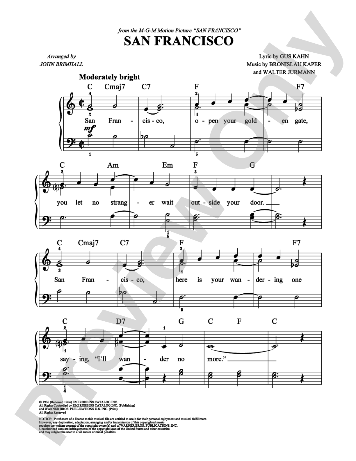 San Francisco: Easy Piano Digital Sheet Music
