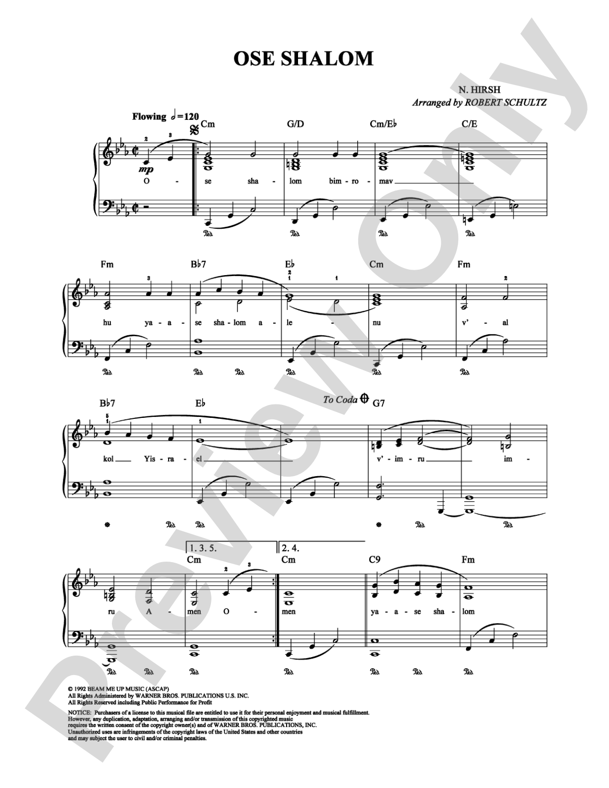 Ose Shalom: Piano/Vocal/Chords Digital Sheet Music