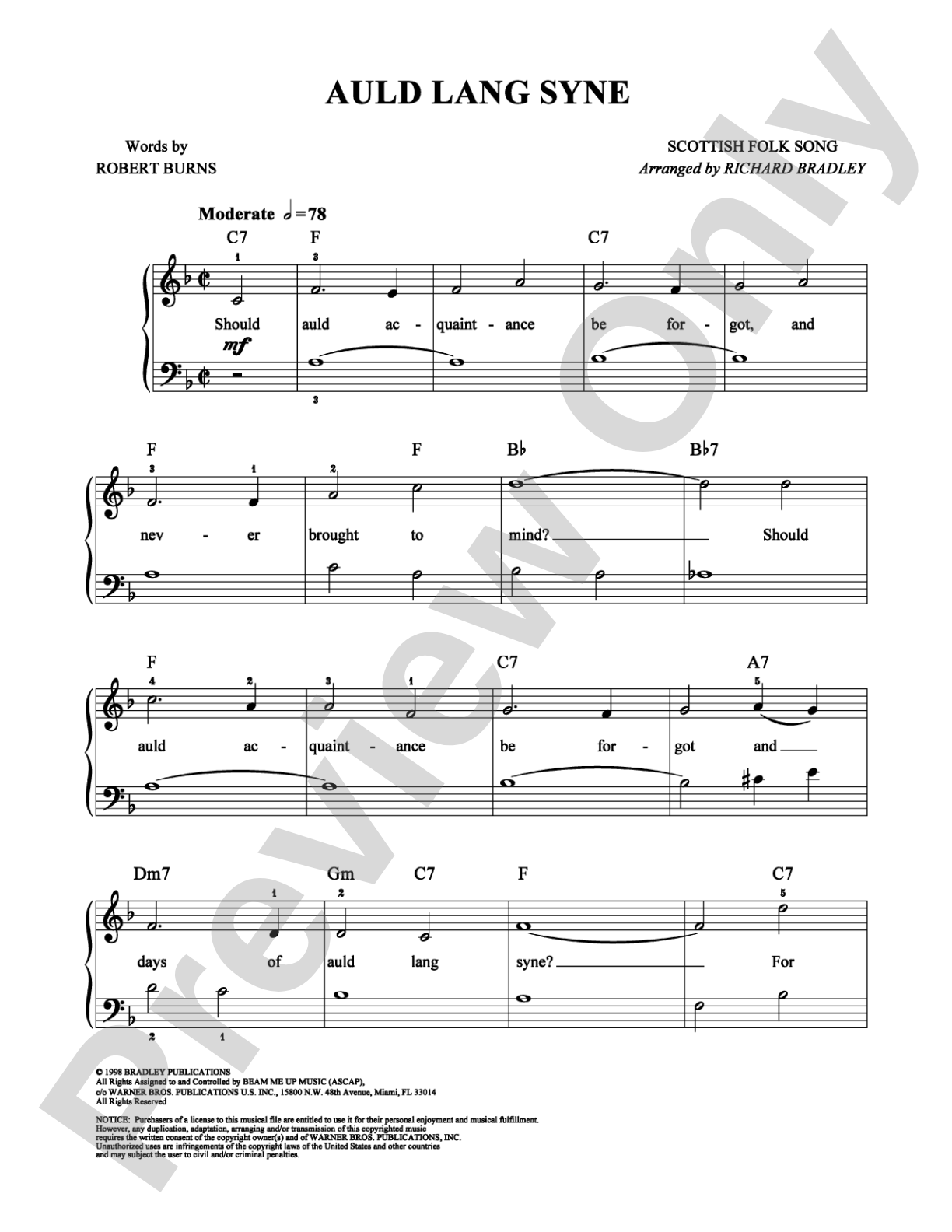 Auld Lang Syne: Easy Piano Digital Sheet Music