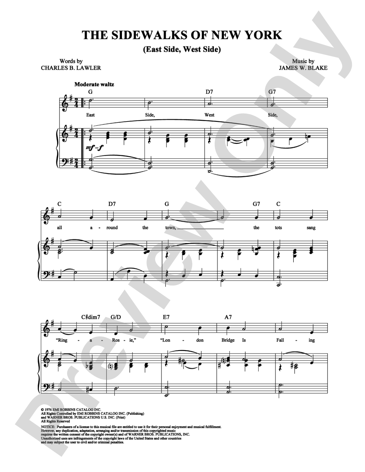 The Sidewalks of New York: Piano/Vocal/Chords Digital Sheet Music