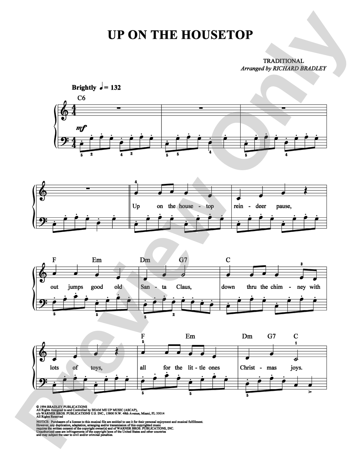 Up on the Housetop: Easy Piano Digital Sheet Music