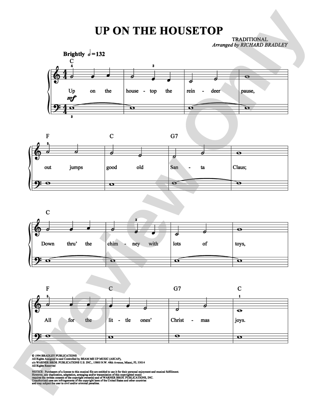 Up on the Housetop: Easy Piano Digital Sheet Music
