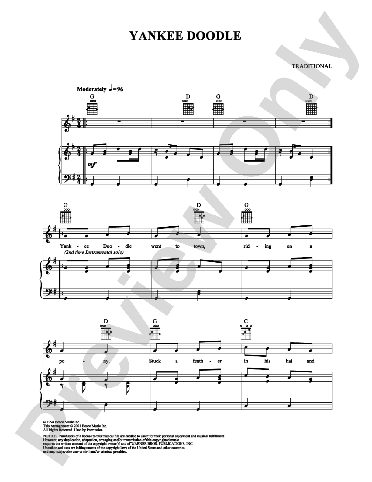 Yankee Doodle: Piano/Vocal/Chords Digital Sheet Music