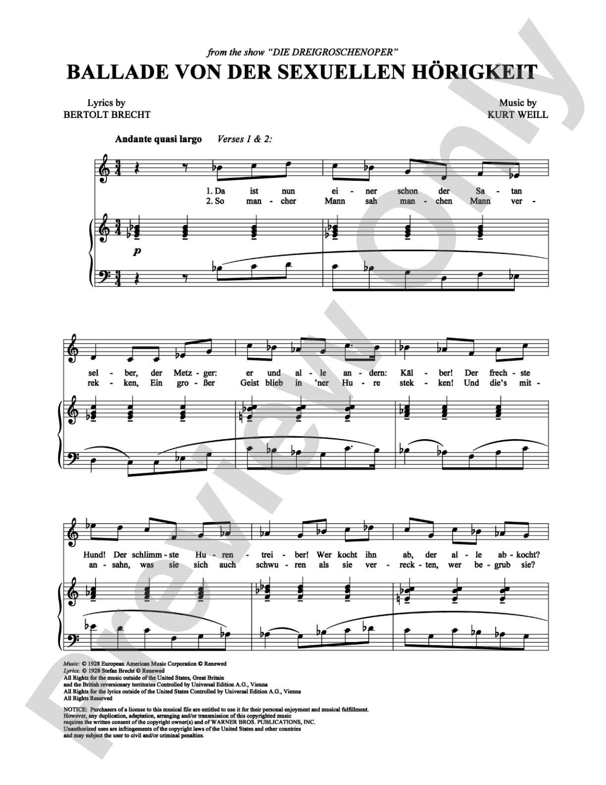 Ballade von der sexuellen Horigkeit: Piano/Vocal/Chords Digital Sheet Music
