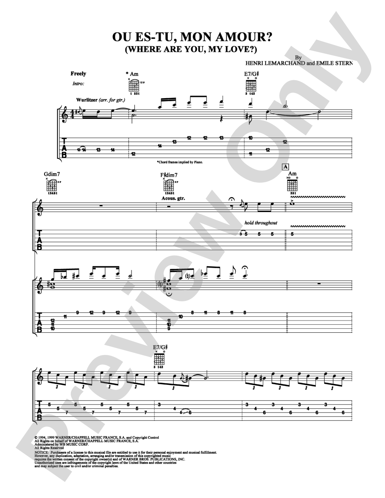 Ou Es-Tu, Mon Amour?: Guitar TAB Digital Sheet Music