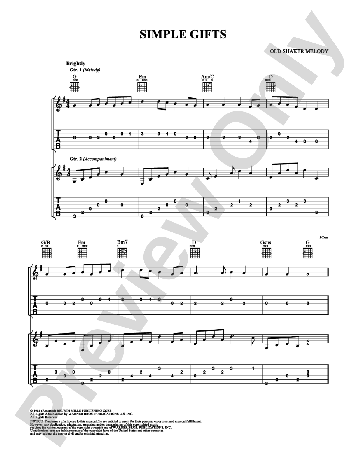 Simple Gifts: Guitar TAB Digital Sheet Music