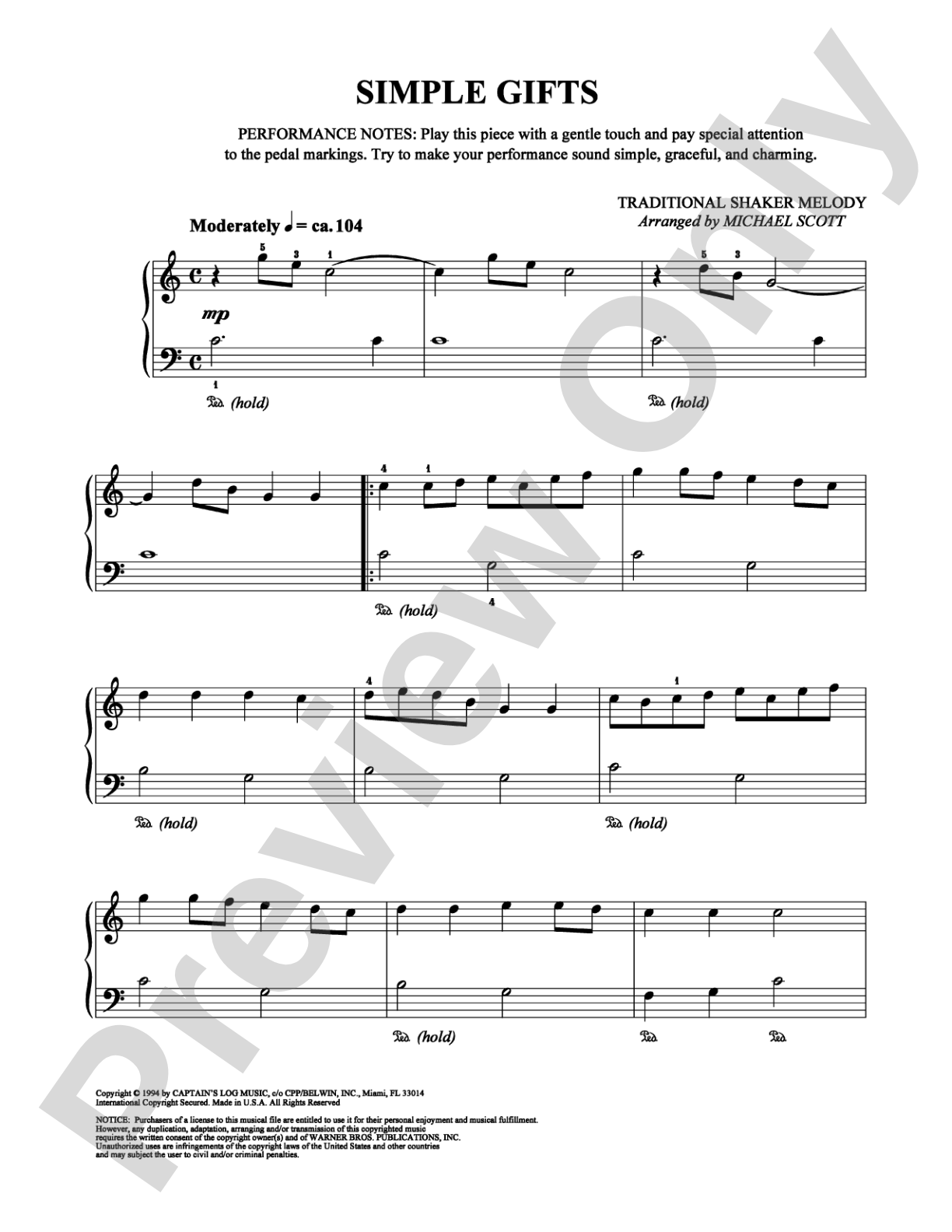 Simple Gifts: Easy Piano Digital Sheet Music