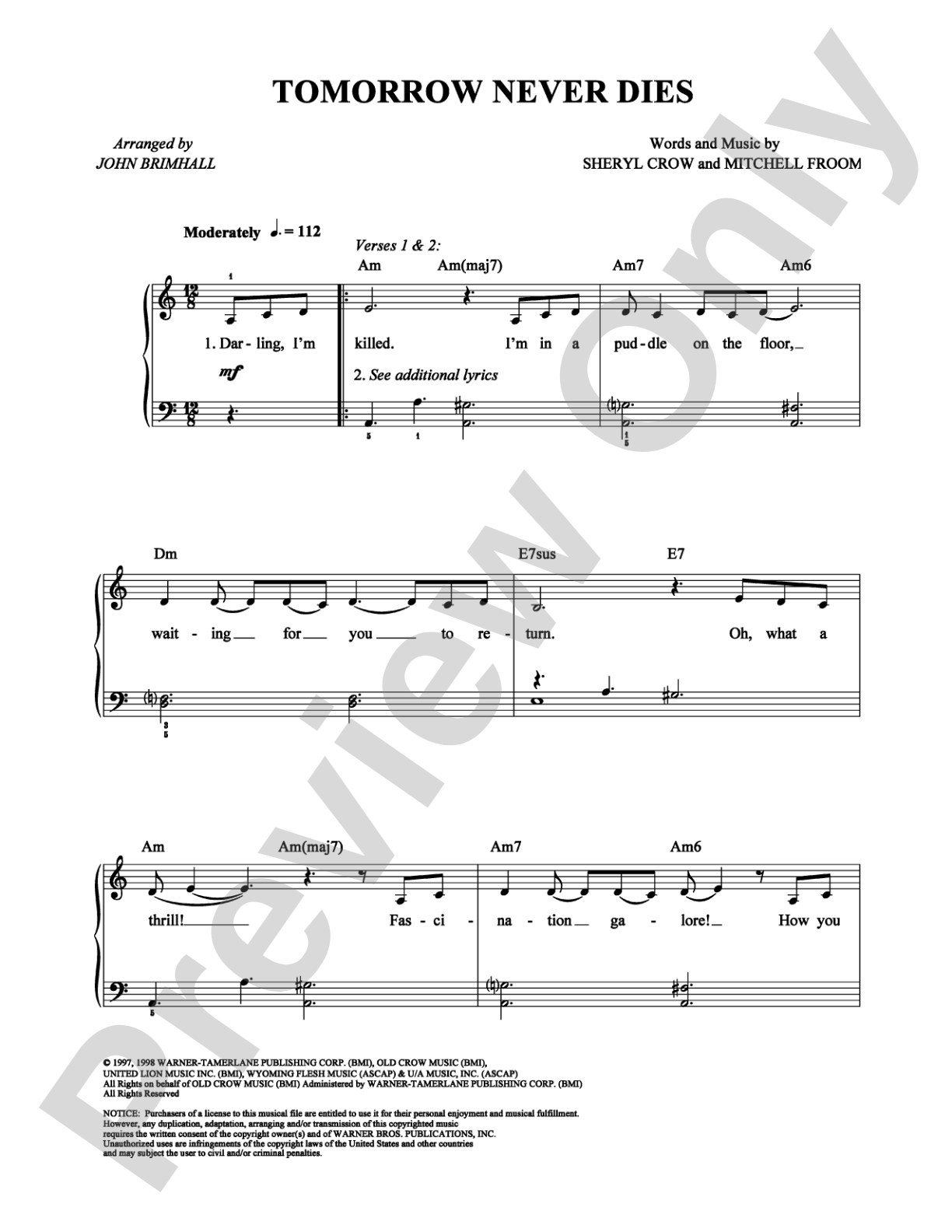 Tomorrow Never Dies: Easy Piano Digital Sheet Music