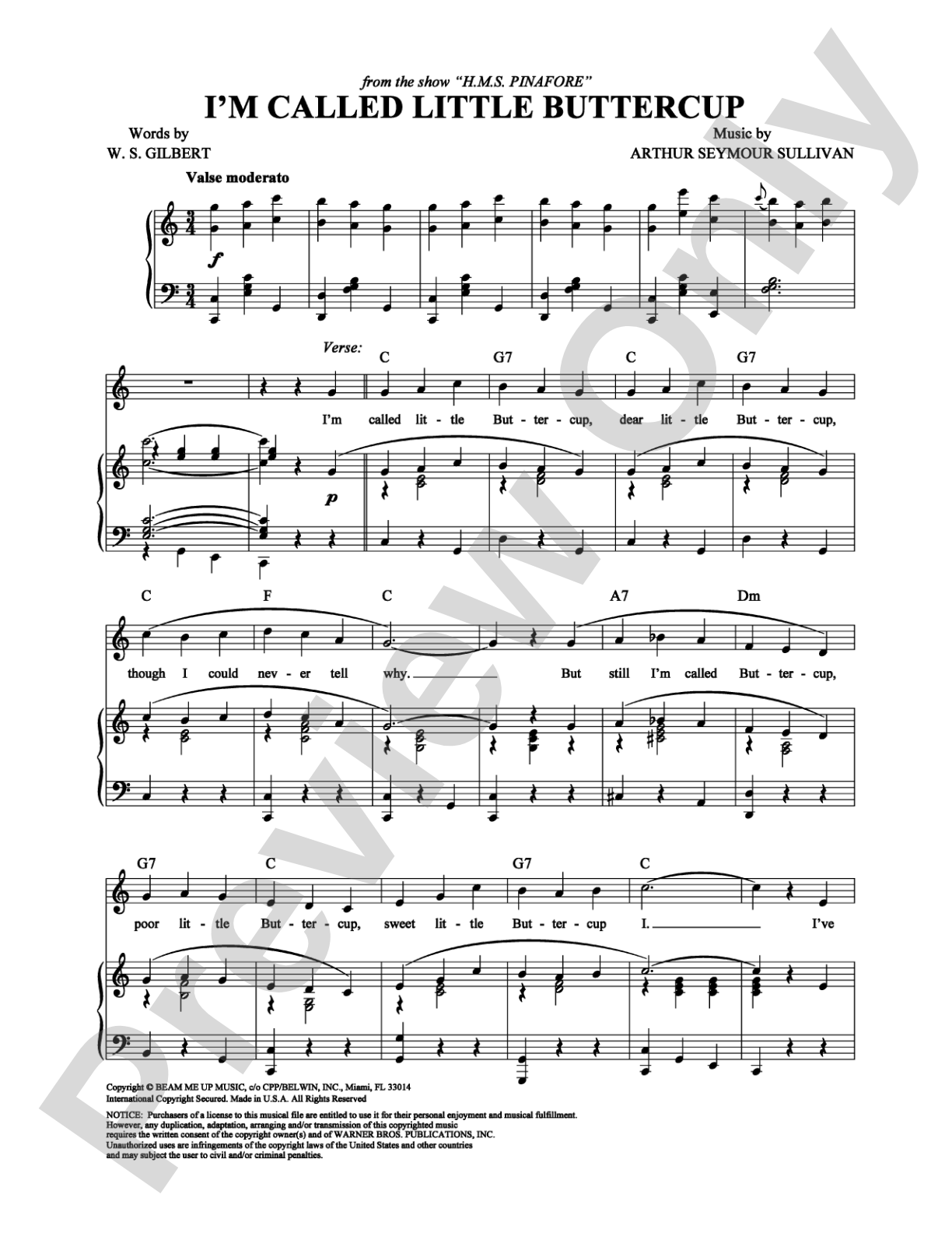 I'm Called Little Buttercup: Piano/Vocal/Chords Digital Sheet Music