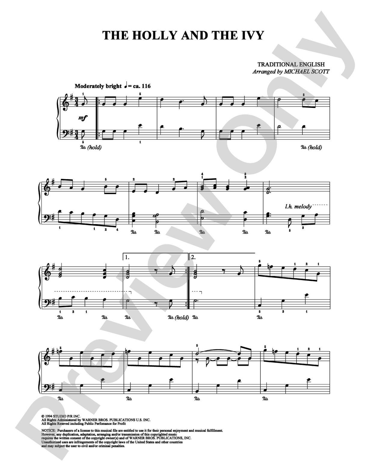 The Holly and the Ivy: Piano Digital Sheet Music