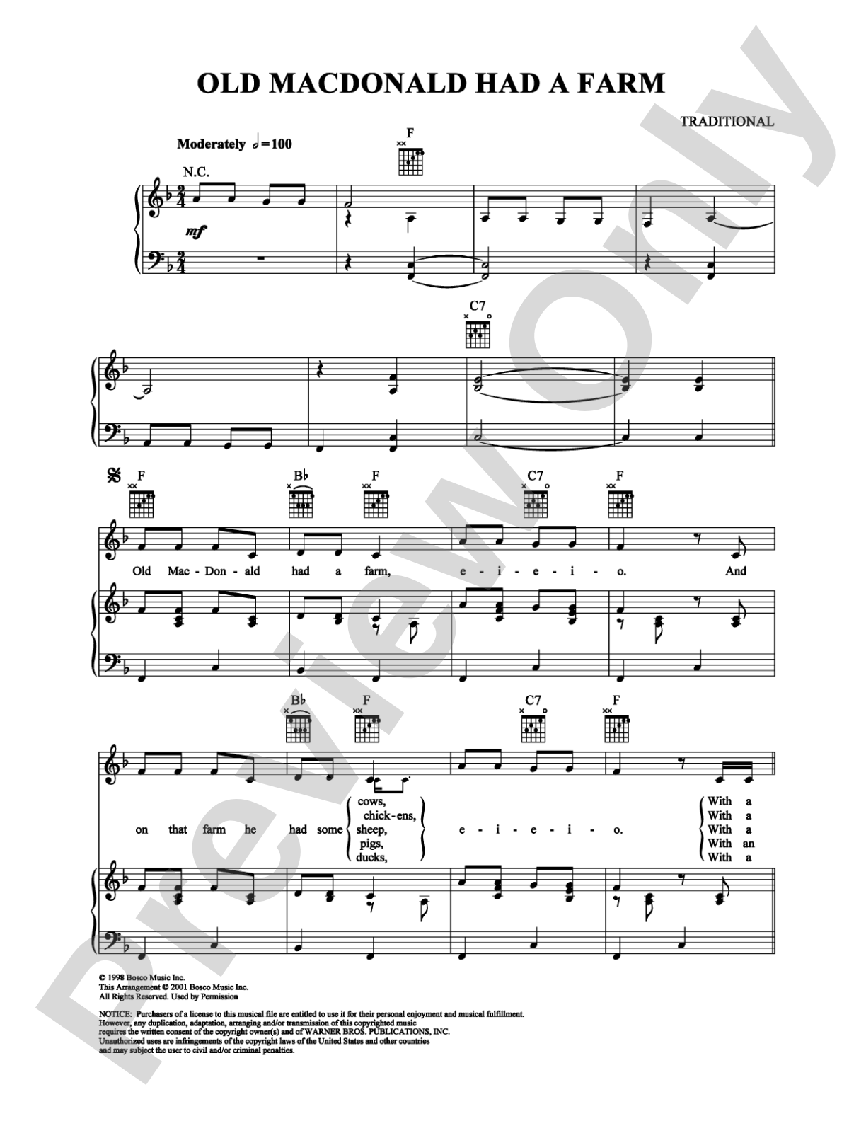 Old MacDonald Had a Farm: Piano/Vocal/Chords Digital Sheet Music