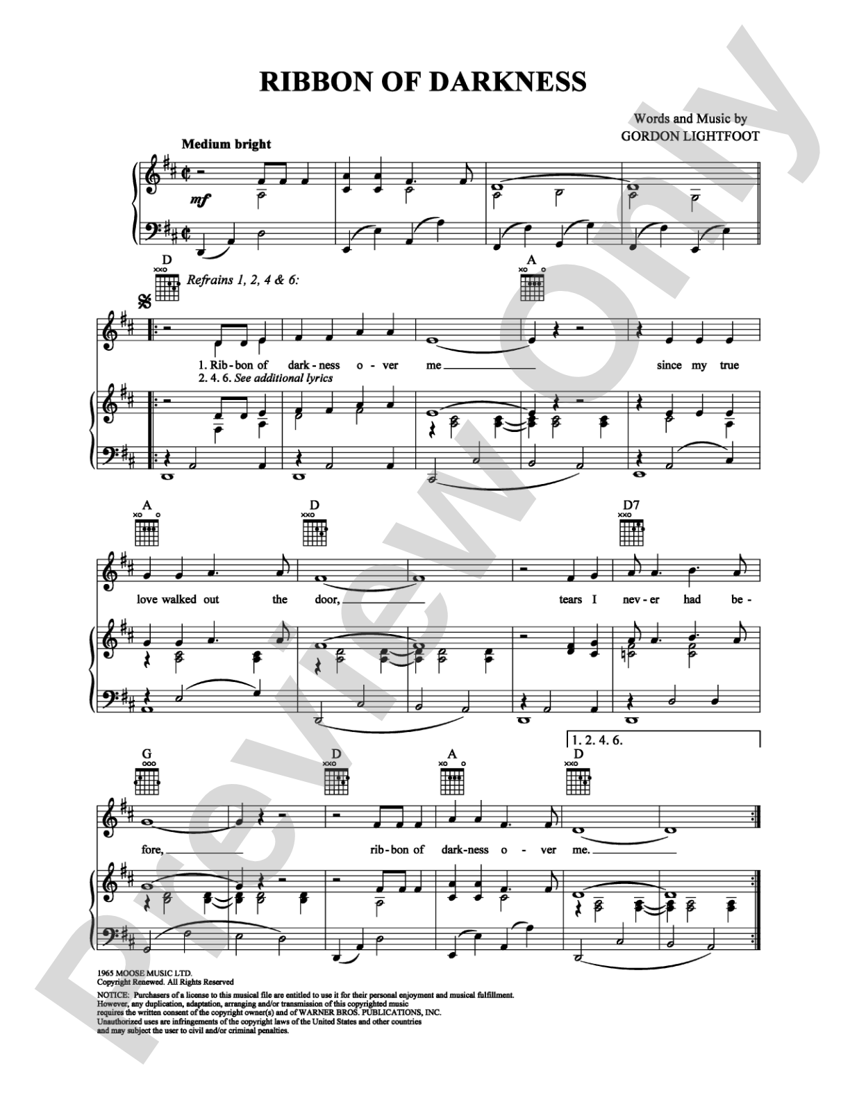 Ribbon of Darkness: Piano/Vocal/Chords Digital Sheet Music