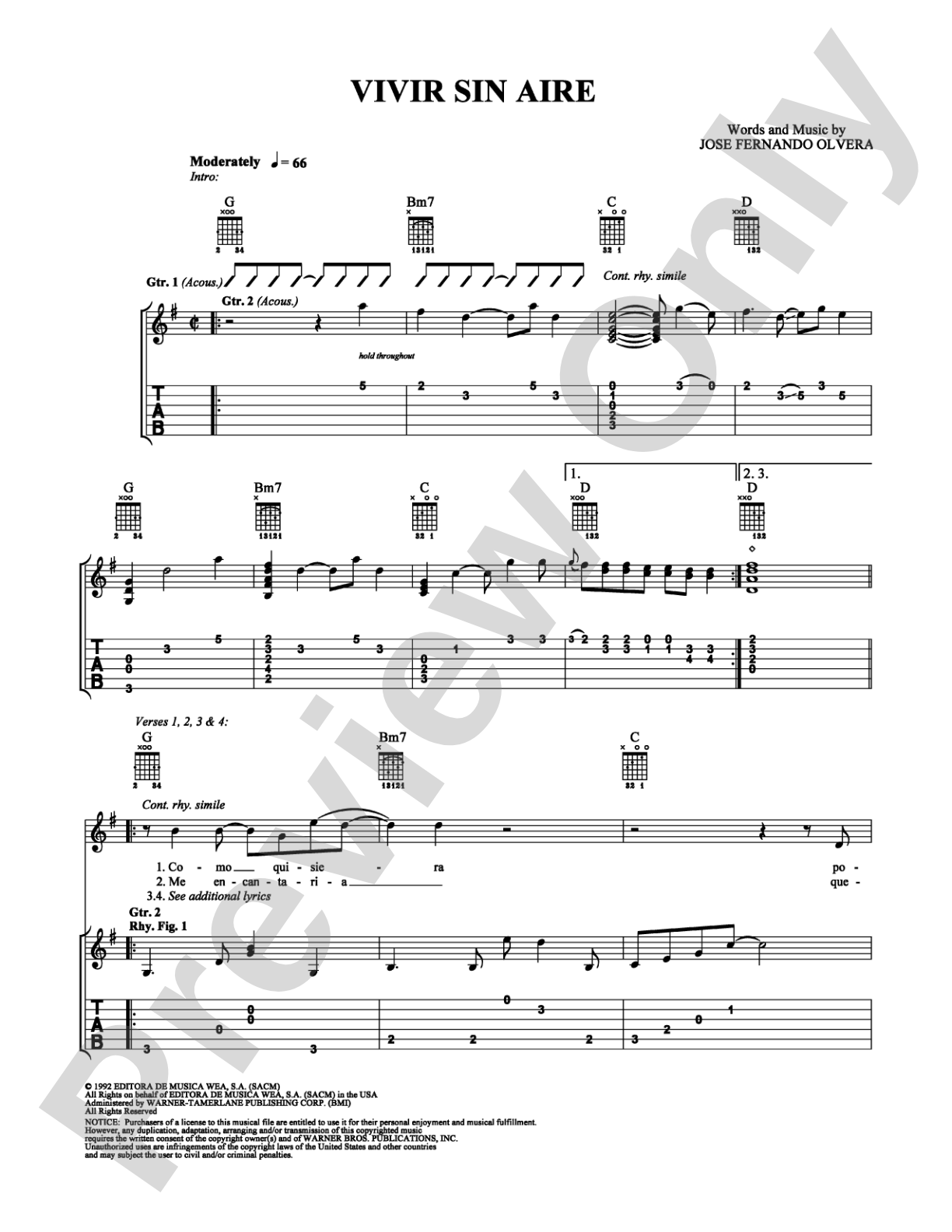Vivir Sin Aire: Guitar TAB Digital Sheet Music