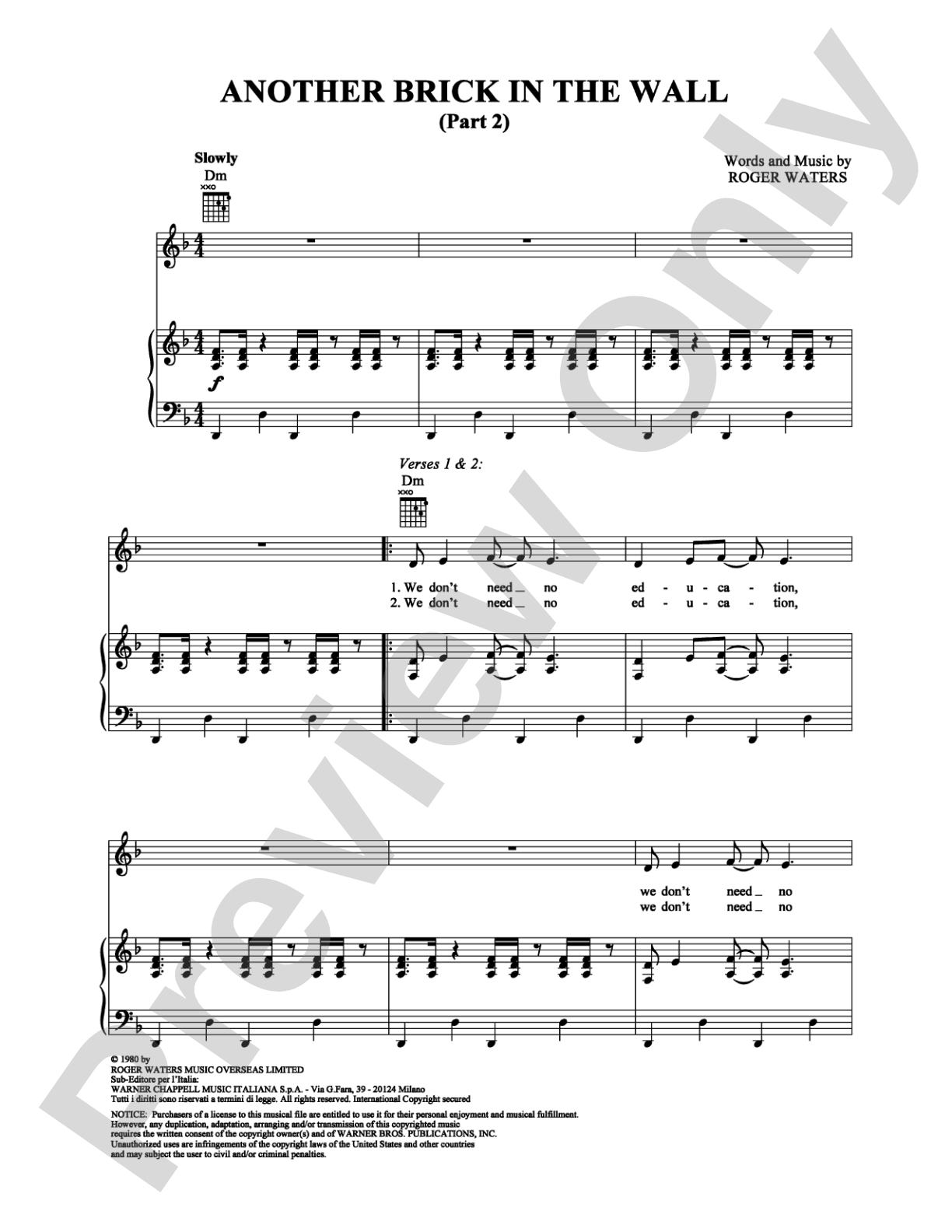 Another Brick in the Wall (Part 2): Piano/Vocal/Chords Digital Sheet Music