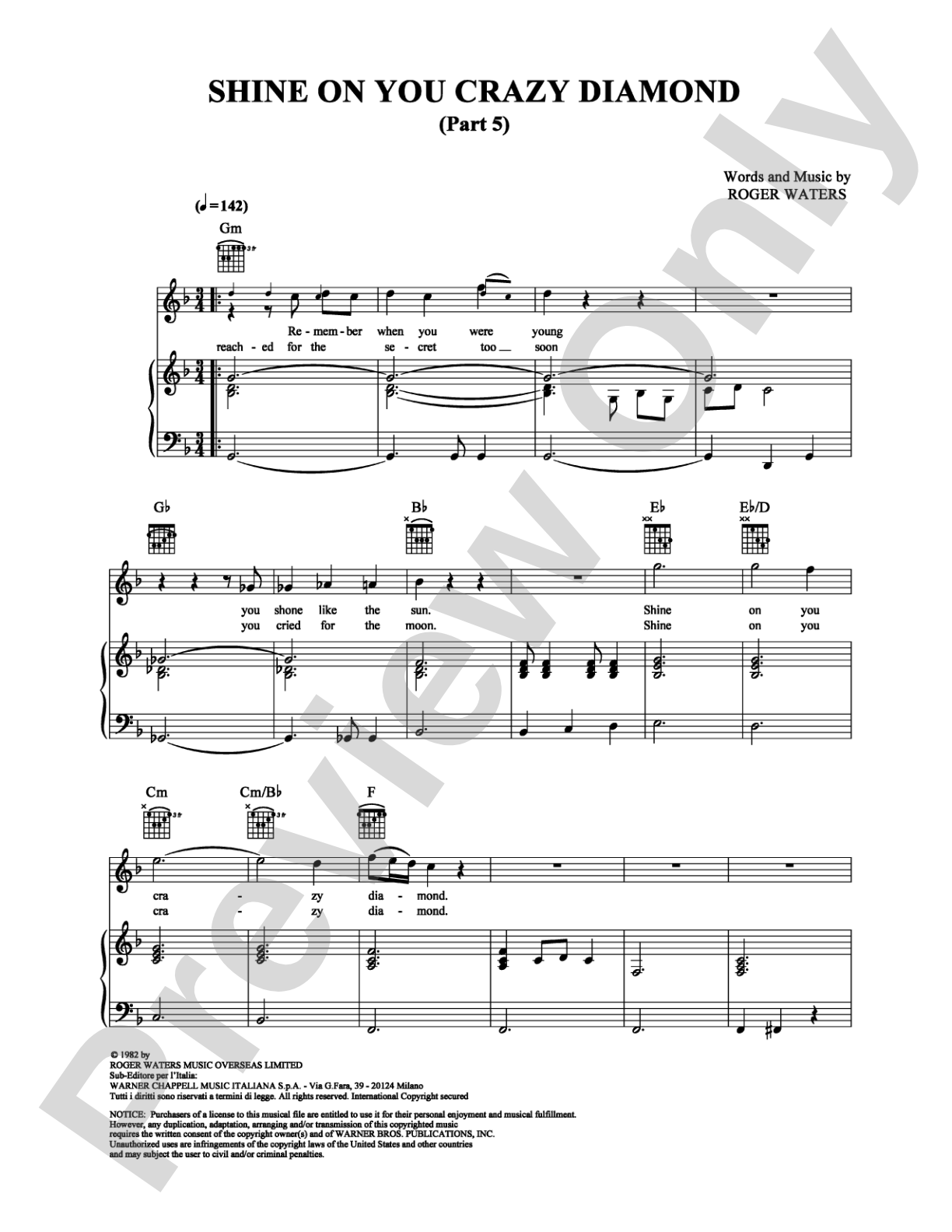 Shine on You Crazy Diamond (Part 5): Piano/Vocal/Chords Digital Sheet Music
