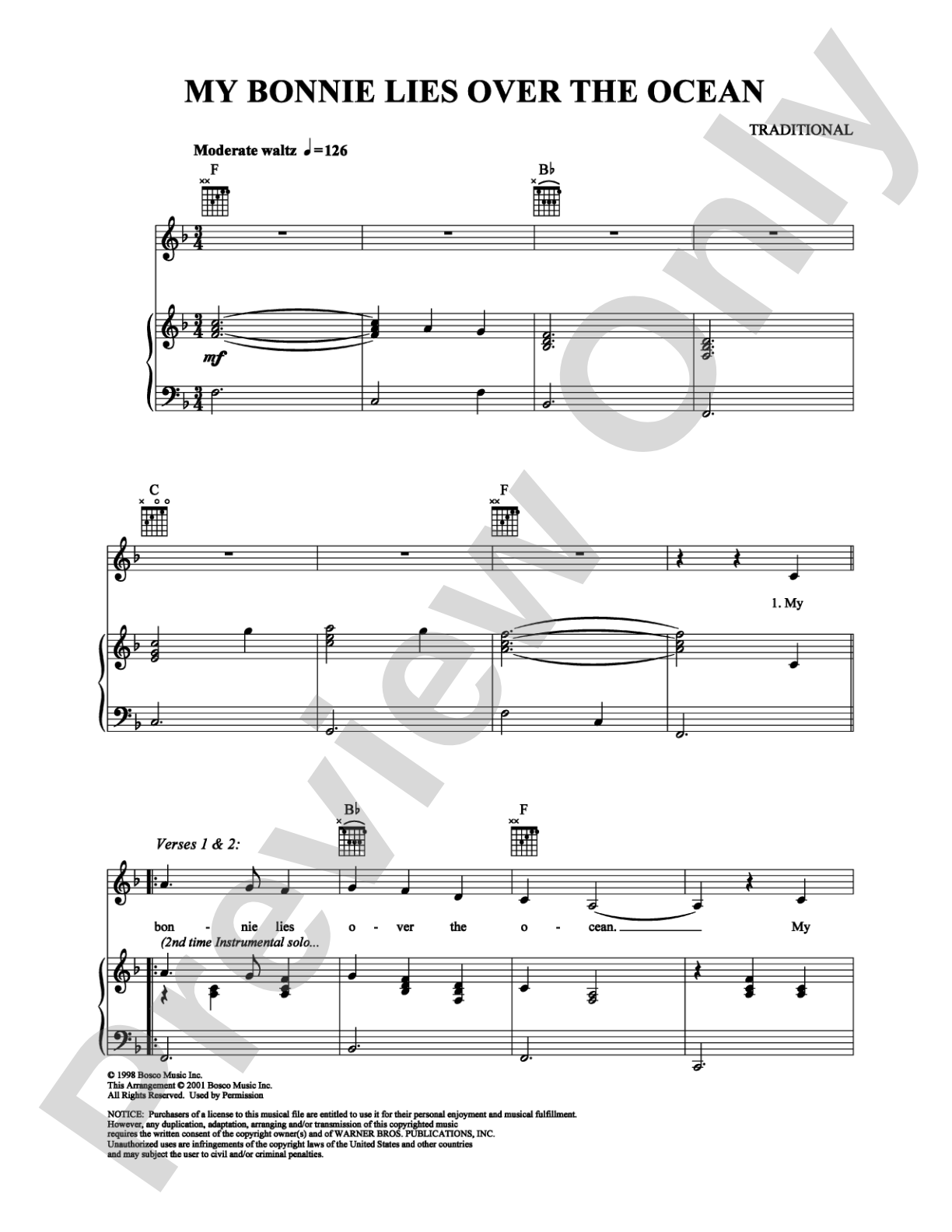 My Bonnie Lies Over the Ocean: Piano/Vocal/Chords Digital Sheet Music