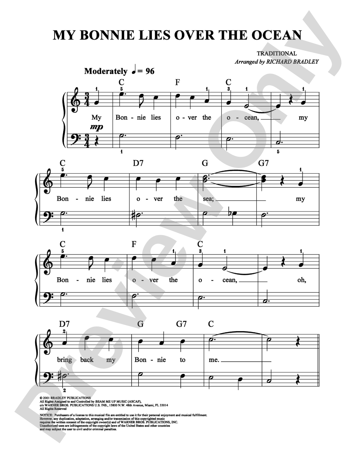 My Bonnie Lies Over the Ocean: Easy Piano Digital Sheet Music