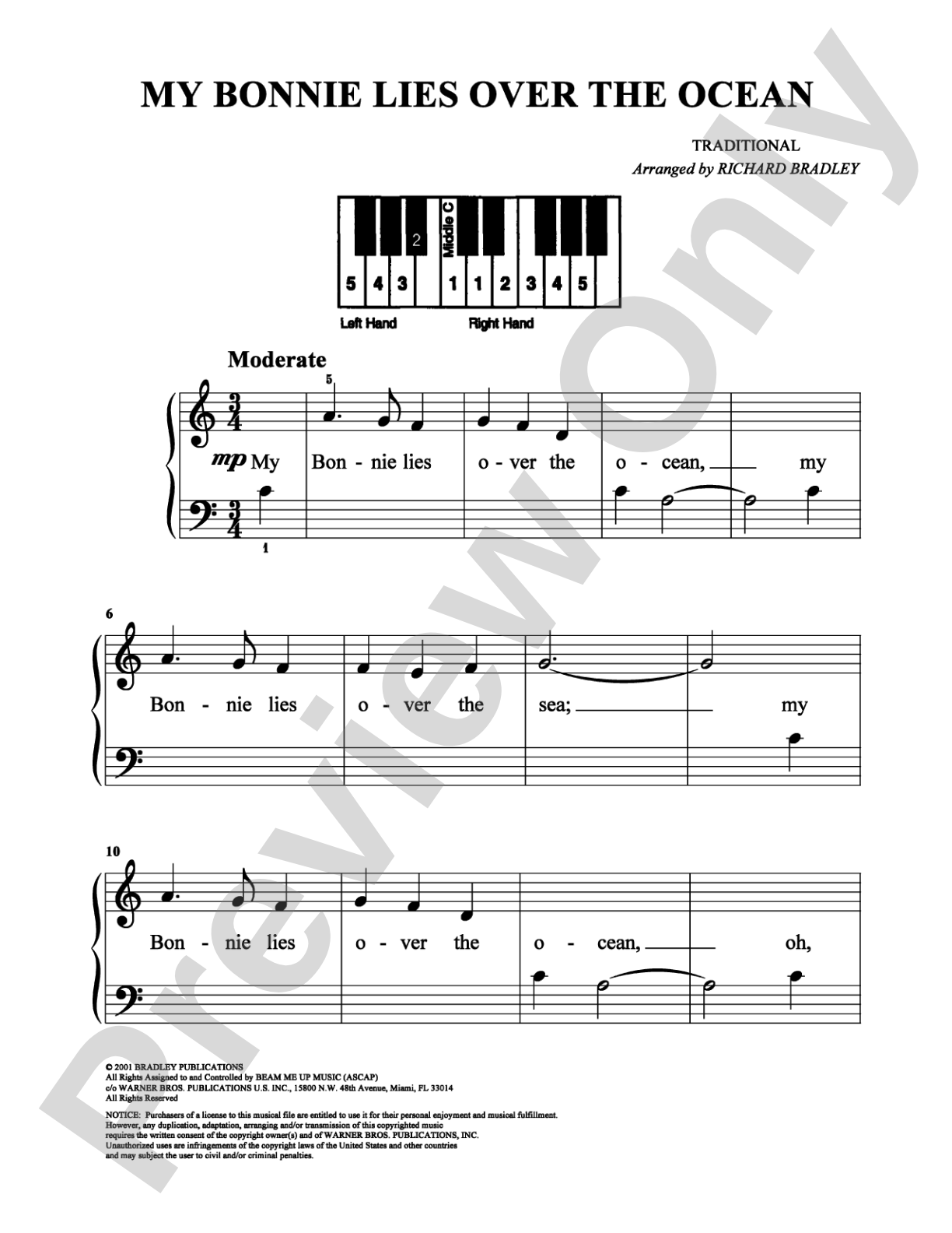 My Bonnie Lies Over the Ocean: Easy Piano Digital Sheet Music