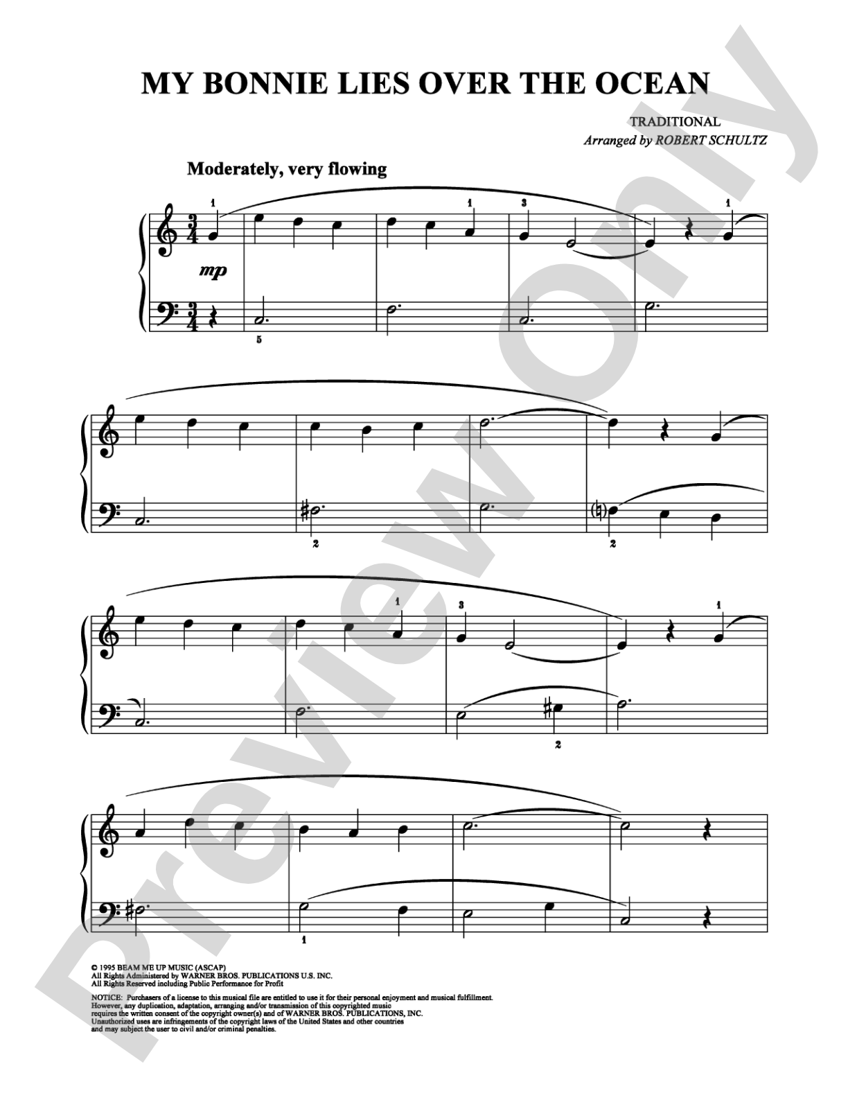 My Bonnie Lies Over the Ocean: Easy Piano Digital Sheet Music
