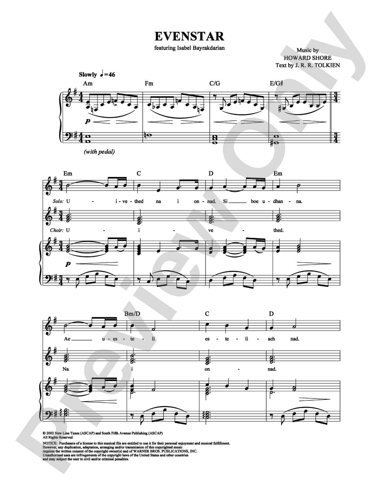 Evenstar: Piano/Vocal/Chords Digital Sheet Music