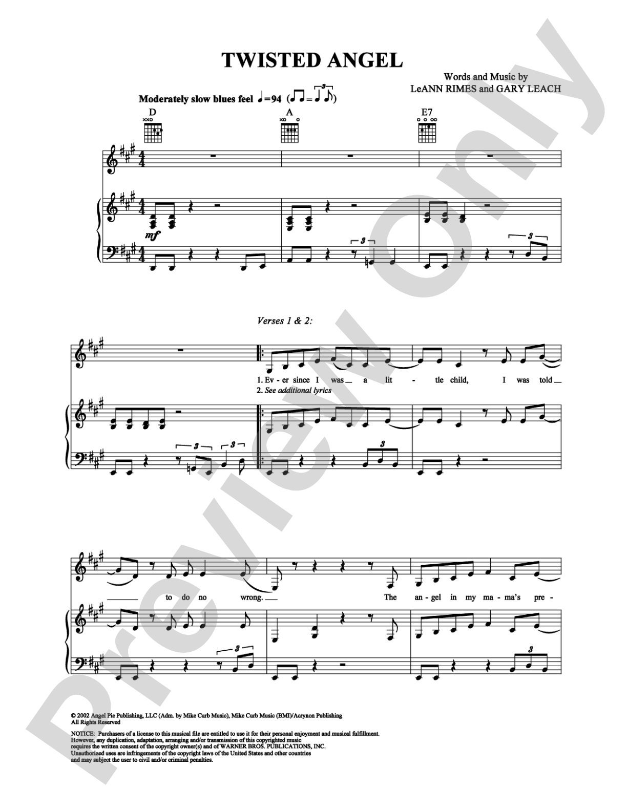 Twisted Angel: Piano/Vocal/Chords Digital Sheet Music