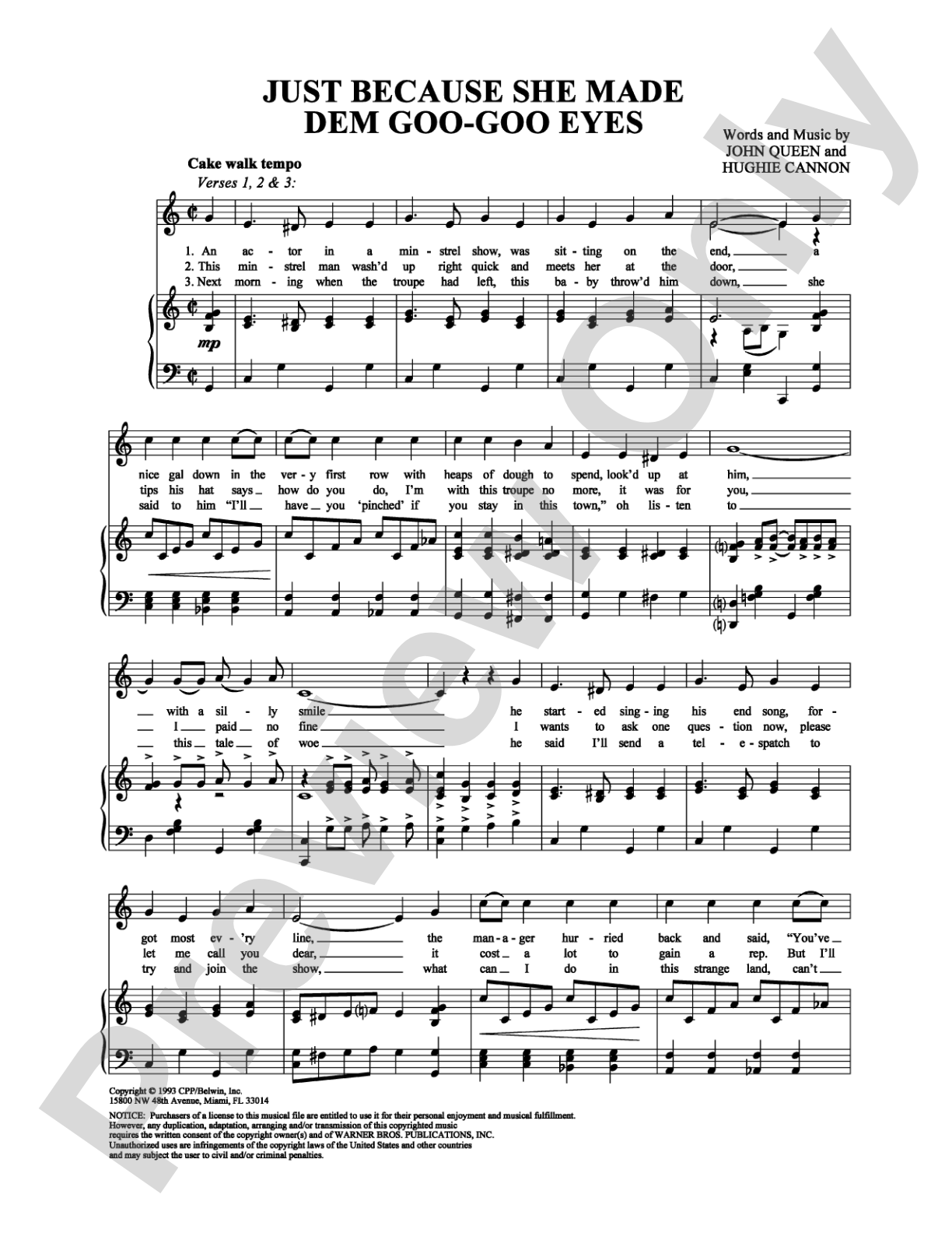 Just Because She Made Dem Goo-Goo Eyes: Piano/Vocal/Chords Digital Sheet Music