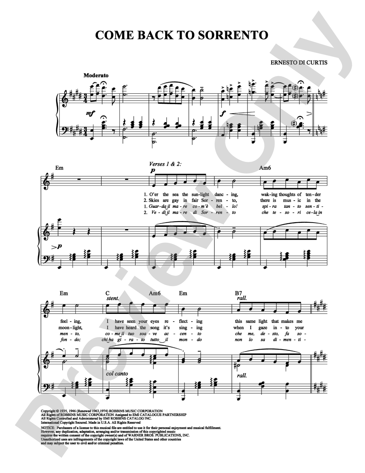 Come Back To Sorrento: Piano/Vocal/Chords Digital Sheet Music