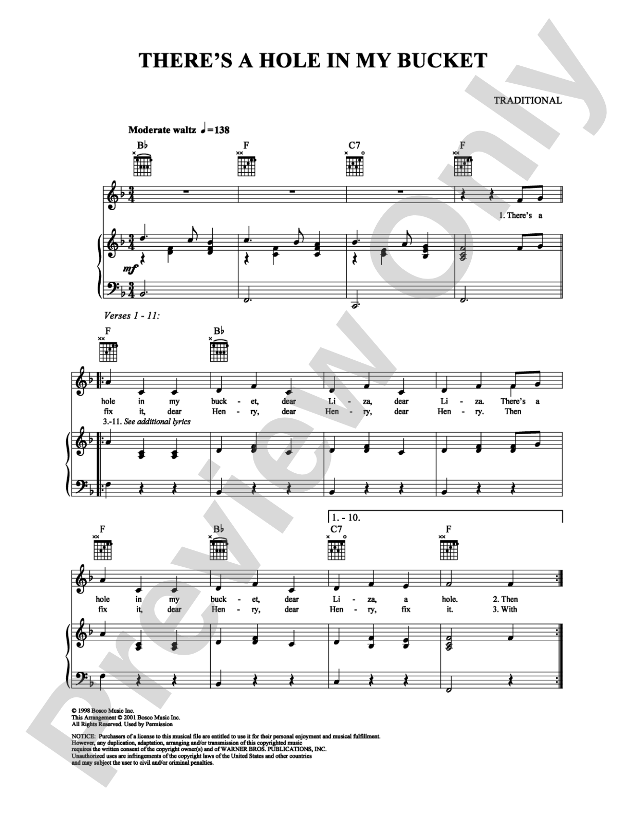 There's a Hole in My Bucket: Piano/Vocal/Chords Digital Sheet Music