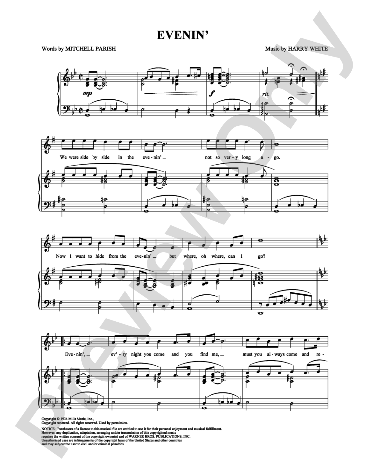 Evenin': Piano/Vocal/Chords Digital Sheet Music