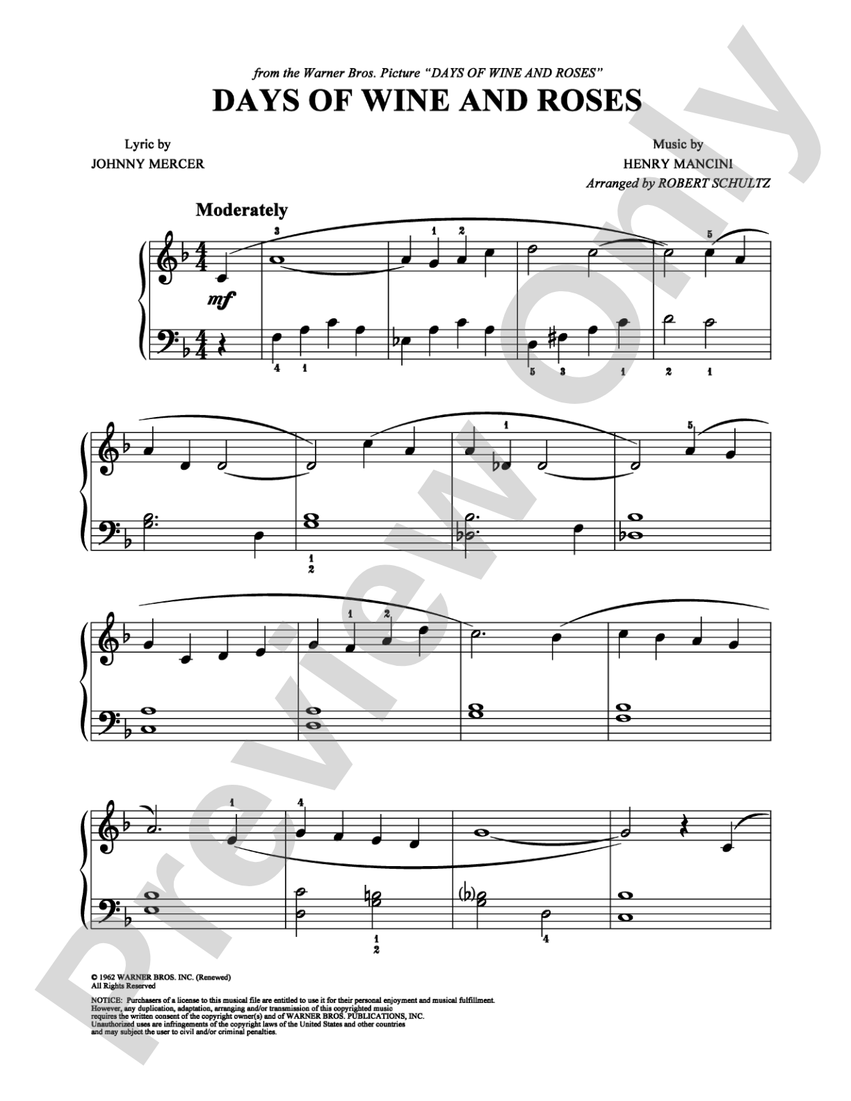 Days of Wine and Roses: Easy Piano Digital Sheet Music