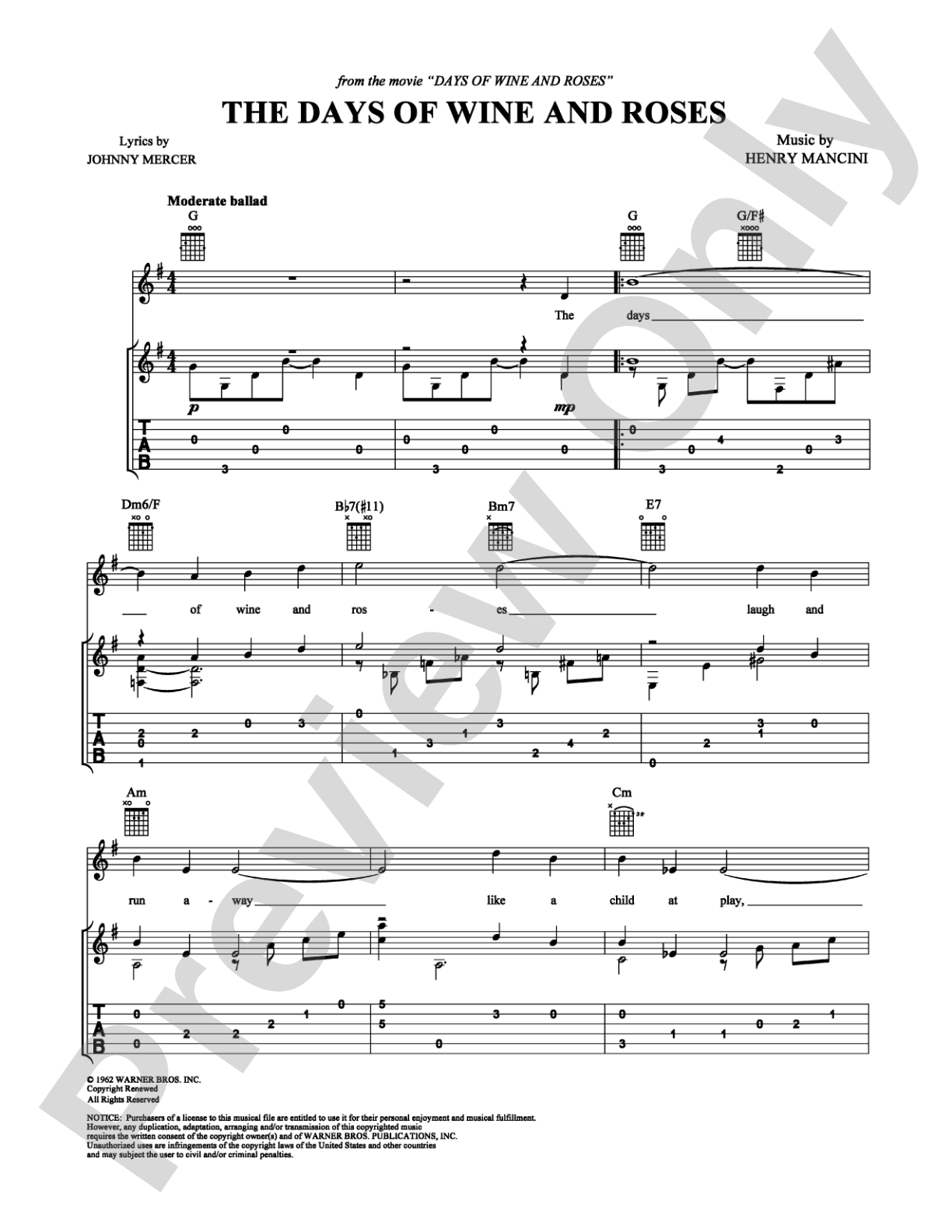Days of Wine and Roses: Guitar TAB Digital Sheet Music
