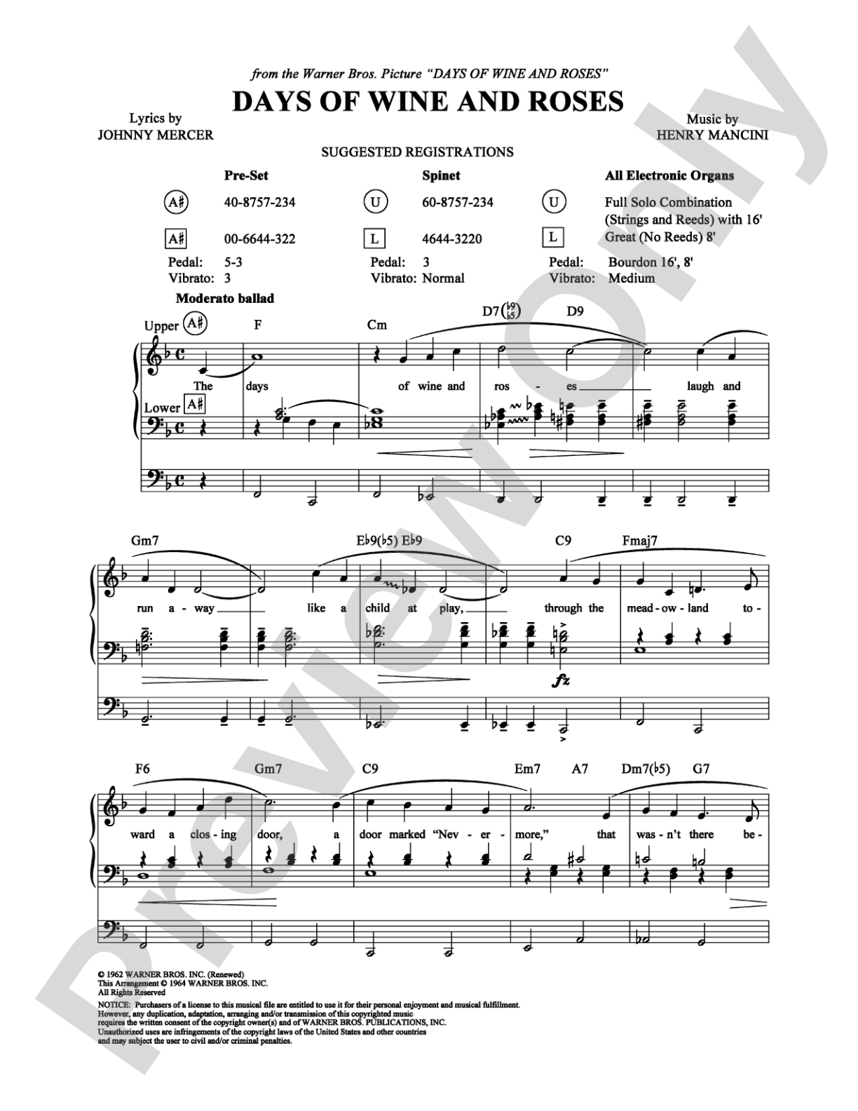 Days of Wine and Roses: Organ Digital Sheet Music