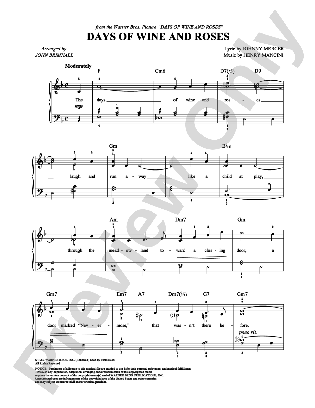 Days of Wine and Roses: Easy Piano Digital Sheet Music