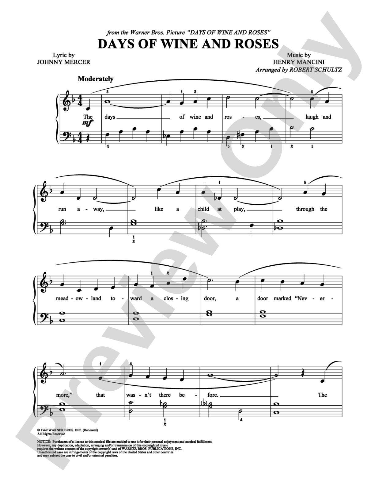 Days of Wine and Roses: Easy Piano Digital Sheet Music
