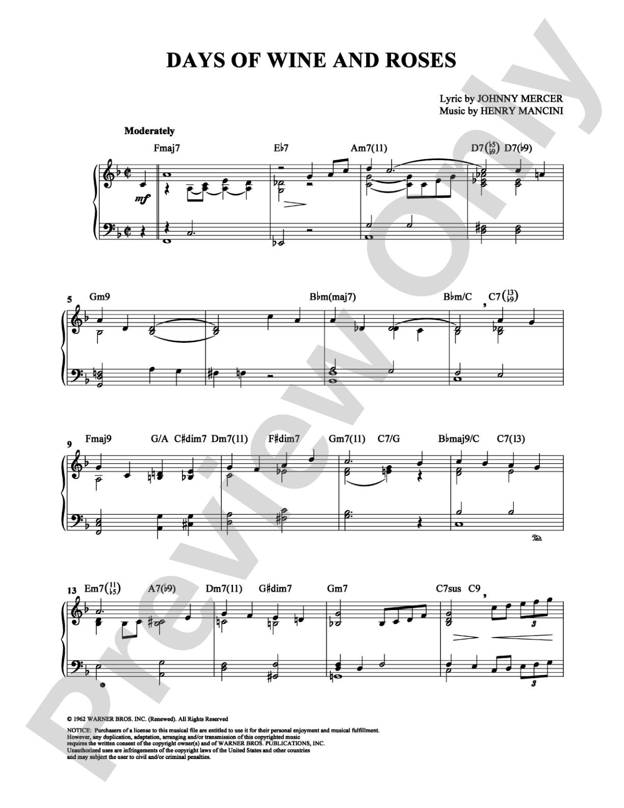 Days of Wine and Roses: Piano Digital Sheet Music