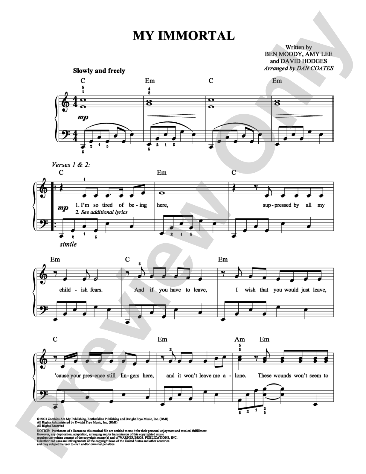 My Immortal: Easy Piano Digital Sheet Music