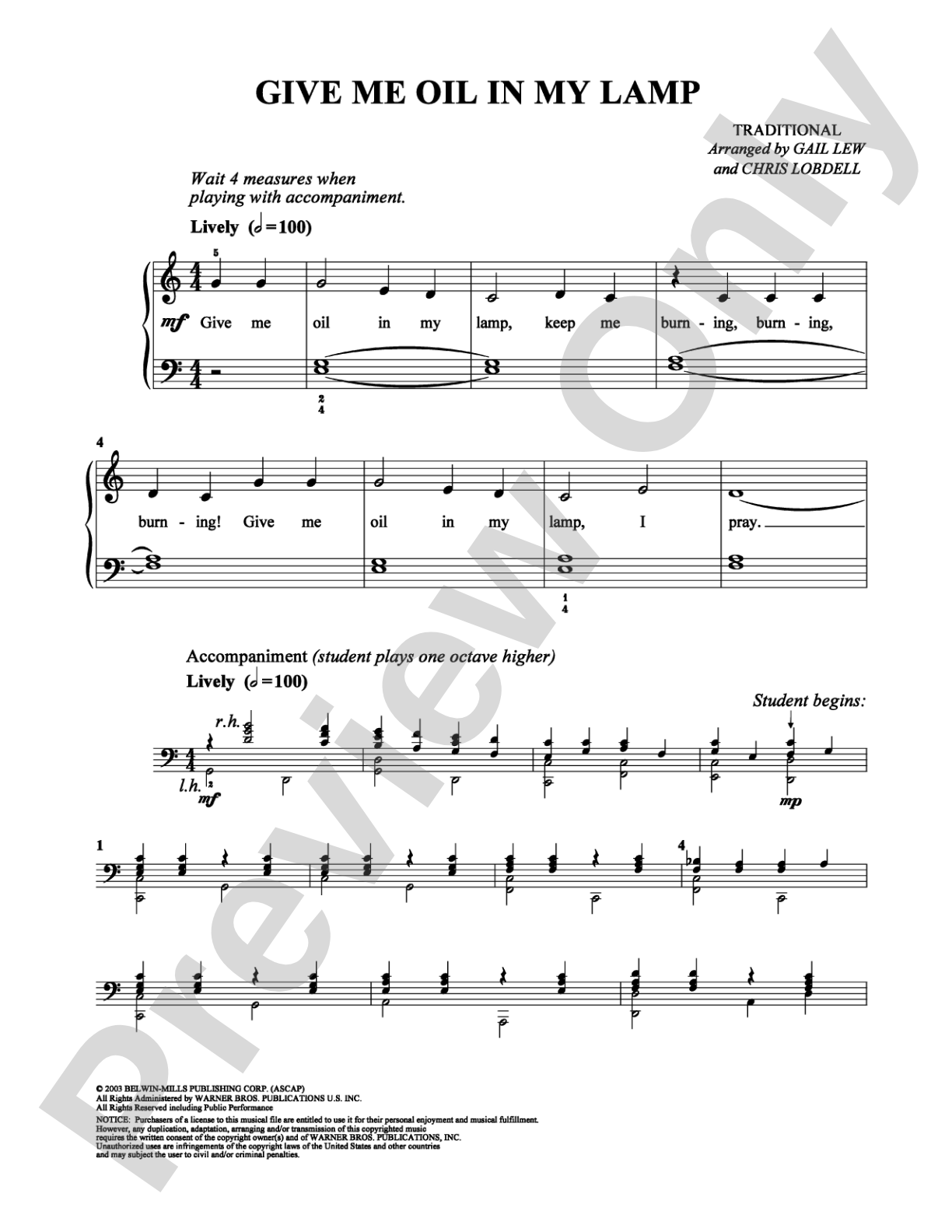 Give Me Oil in My Lamp: Easy Piano Digital Sheet Music