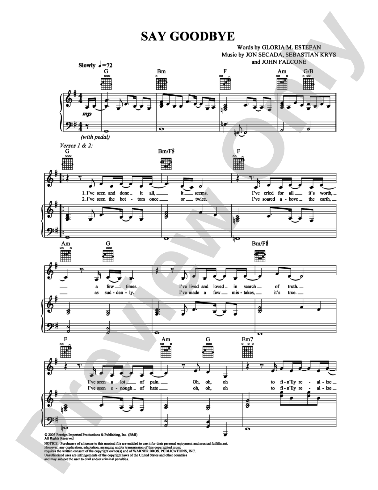 Say Goodbye: Piano/Vocal/Chords Digital Sheet Music