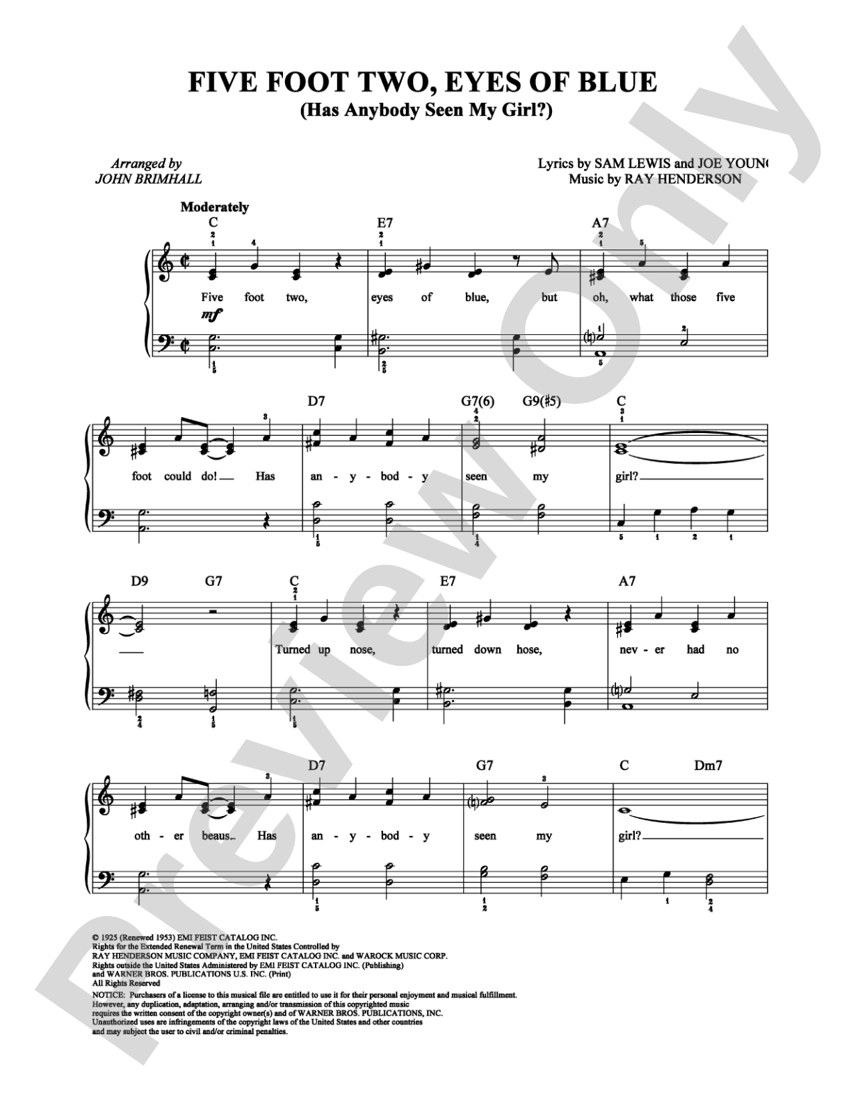 Five Foot Two, Eyes of Blue (Has Anybody Seen My Girl?): Easy Piano Digital Sheet Music